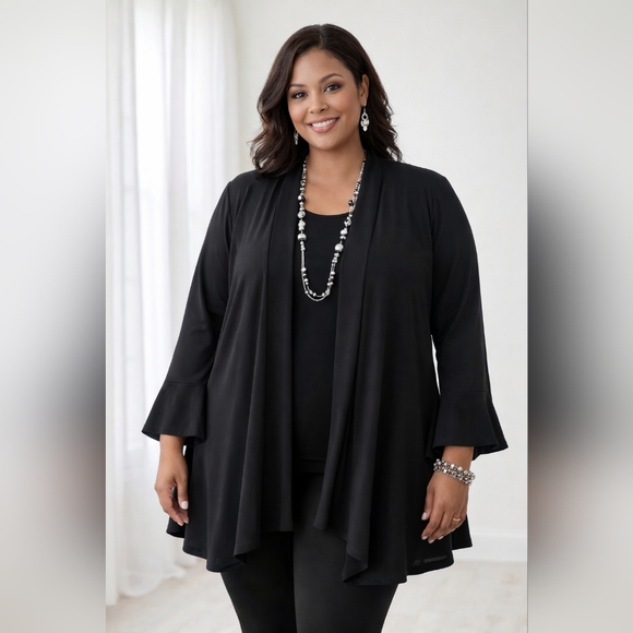 Susan Graver Sweaters - Susan Graver 3X Black Open Front Cardigan Flowy Drape Stretch Liquid Knit